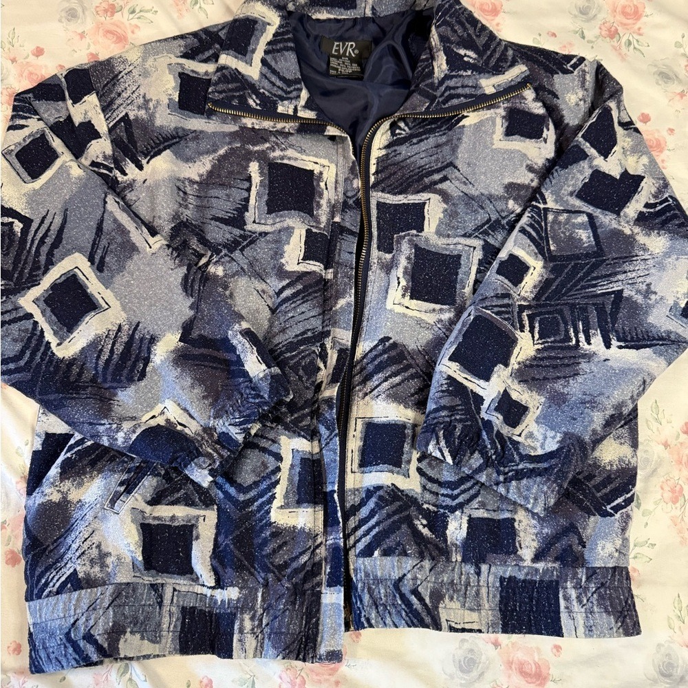 VTG EVR‎ Abstract Geometric Jacket Women's S Petite Blue Zip Up Retro 80s 90s
